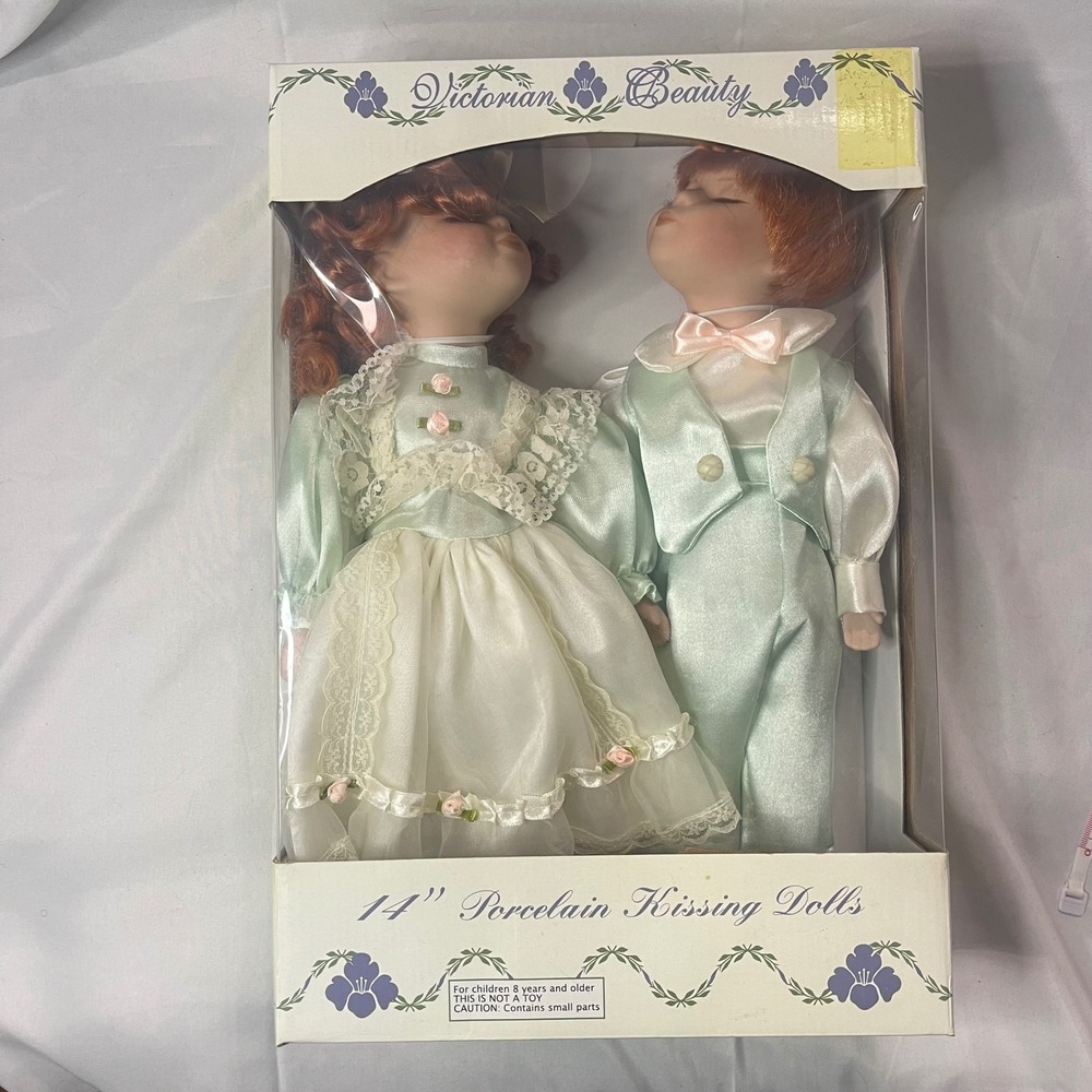 Victorian Beauty 14 Inch Porcelain Kissing Dolls Mint Green Satin Outfits NIB